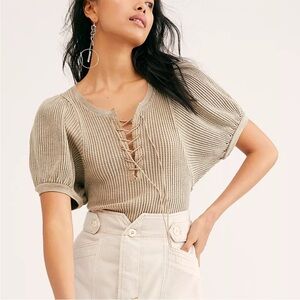 Free People One Hayden Waffle Knit Thermal Puff Sleeves Lace Up Front Ren Fair S